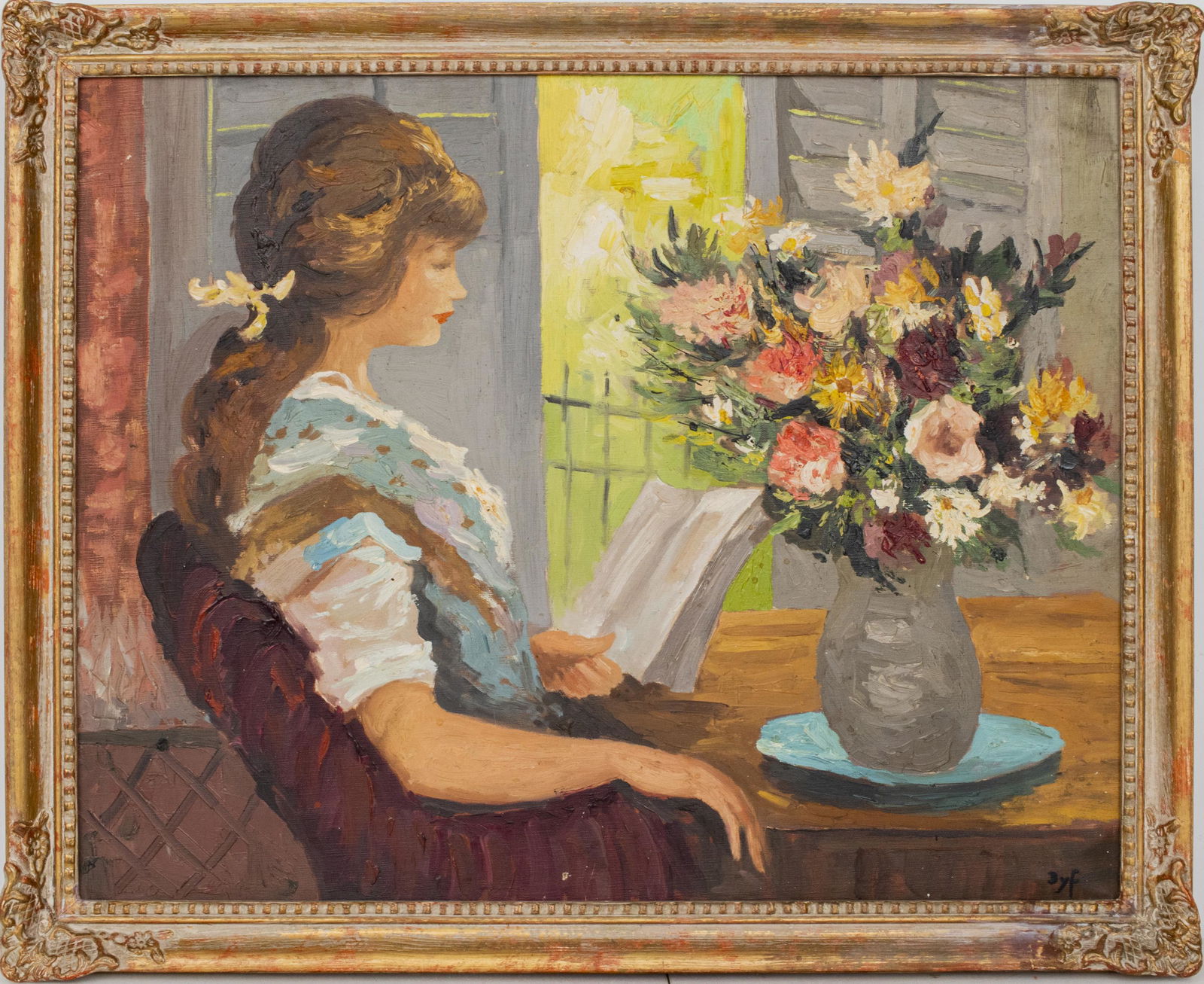 Marcel Dyf "Woman Reading" Oil on Canvas: Marcel Dyf (French, 1899-1985) "Woman Reading," impressionistic scene of figure at table with still life of flowers, signed lower right: "Dyf." 21.75" H x 27.5" W; frame: 26" H x 31.5" W x 1.5" D. Min