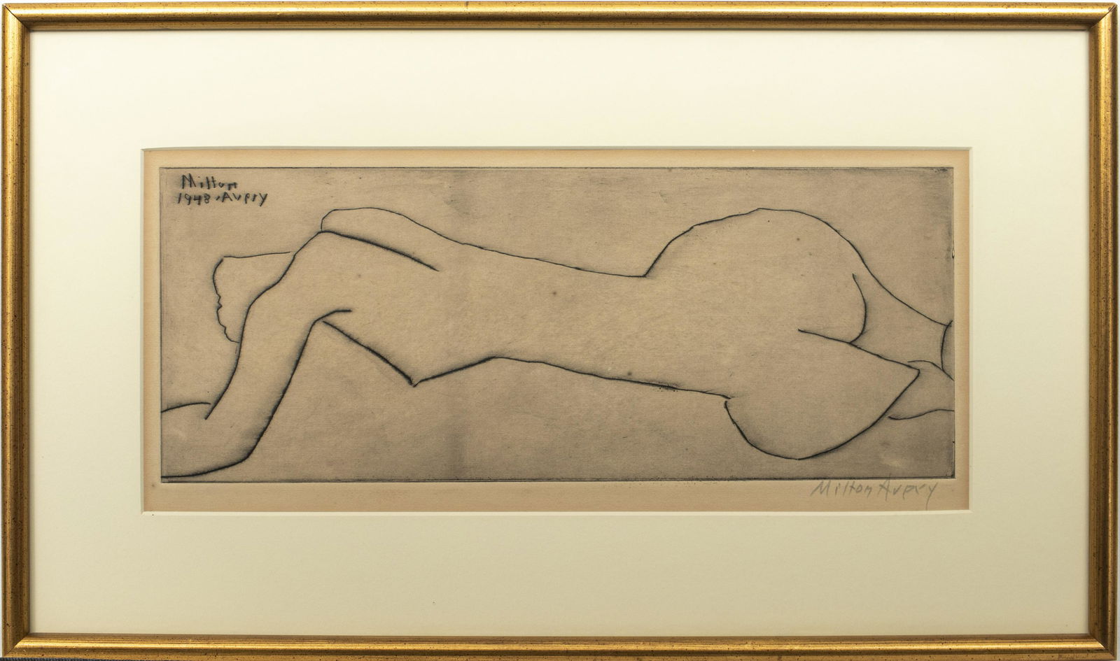 Milton Avery "Nude with Long Torso" Drypoint, 1948: Milton Avery (American, 1885-1965) "Nude with Long Torso," drypoint on paper, 1948, pencil signed lower right: "Milton Avery," signed and dated in plate upper left: "Milton Avery 1948," published by L