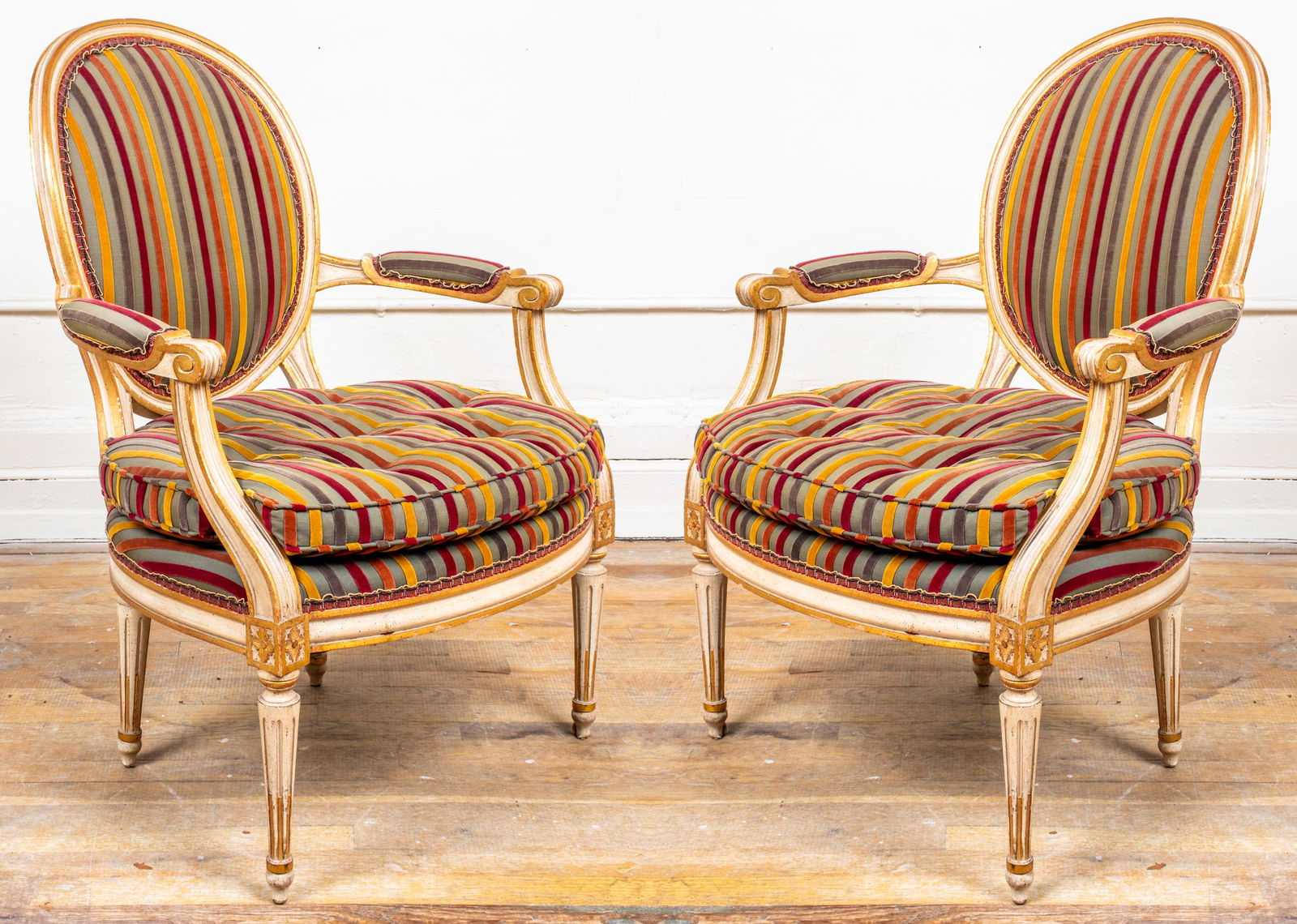 Louis XVI Style Paint Decorated Fauteuils, Pair (1 of 8)