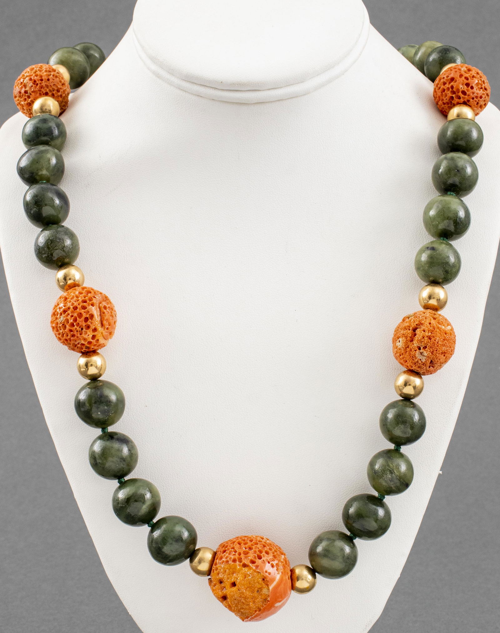 14K Yellow Gold Coral & Neprite Jade Bead Necklace (1 of 8)