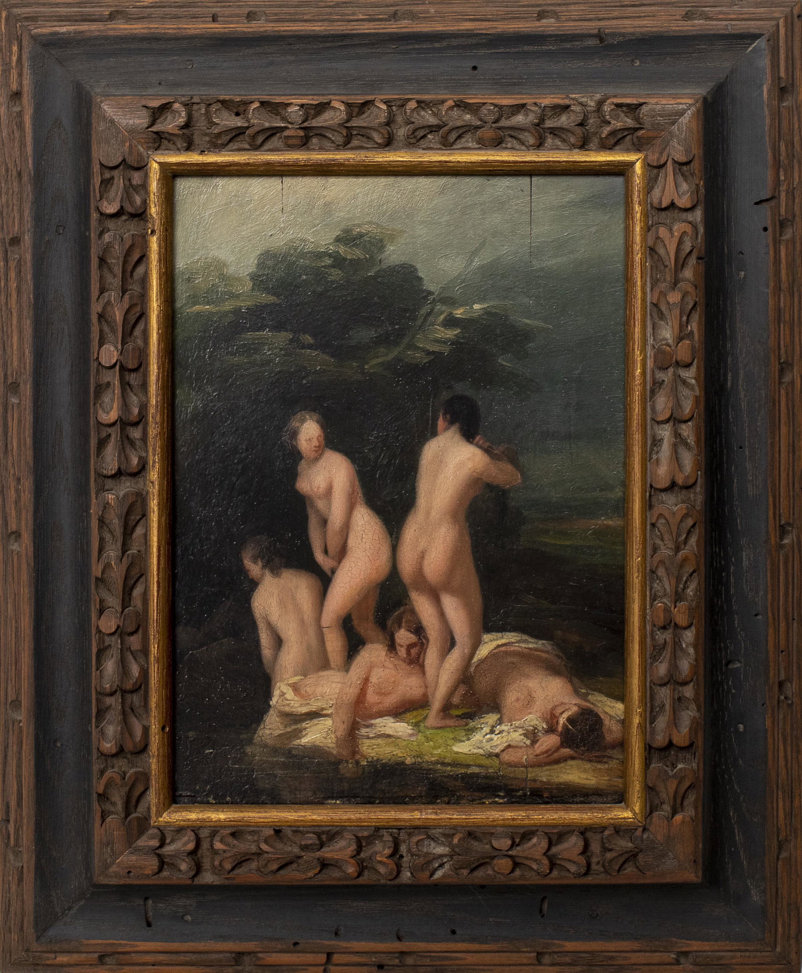 Manuel Garcia Hispaleto "Bathers" Oil on Panel: Manuel Garcia Hispaleto (Spanish, 1836-1898) "The Bathers," oil on panel, depicting group of nude women in repose, signed lower left: "Hispaleto," inscription on reverse: "By the best Spanish painter 
