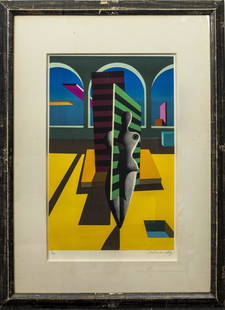 Xanti Schawinsky Bauhaus Figure Serigraph: Xanti Schawinsky (Swiss, 1904 - 1979), Bauhaus School serigraph depicting figure in interior setting worked in colorful palette, edition 60 / 99, signed lower right. Image: 20.5" H x 13.25" W; frame: