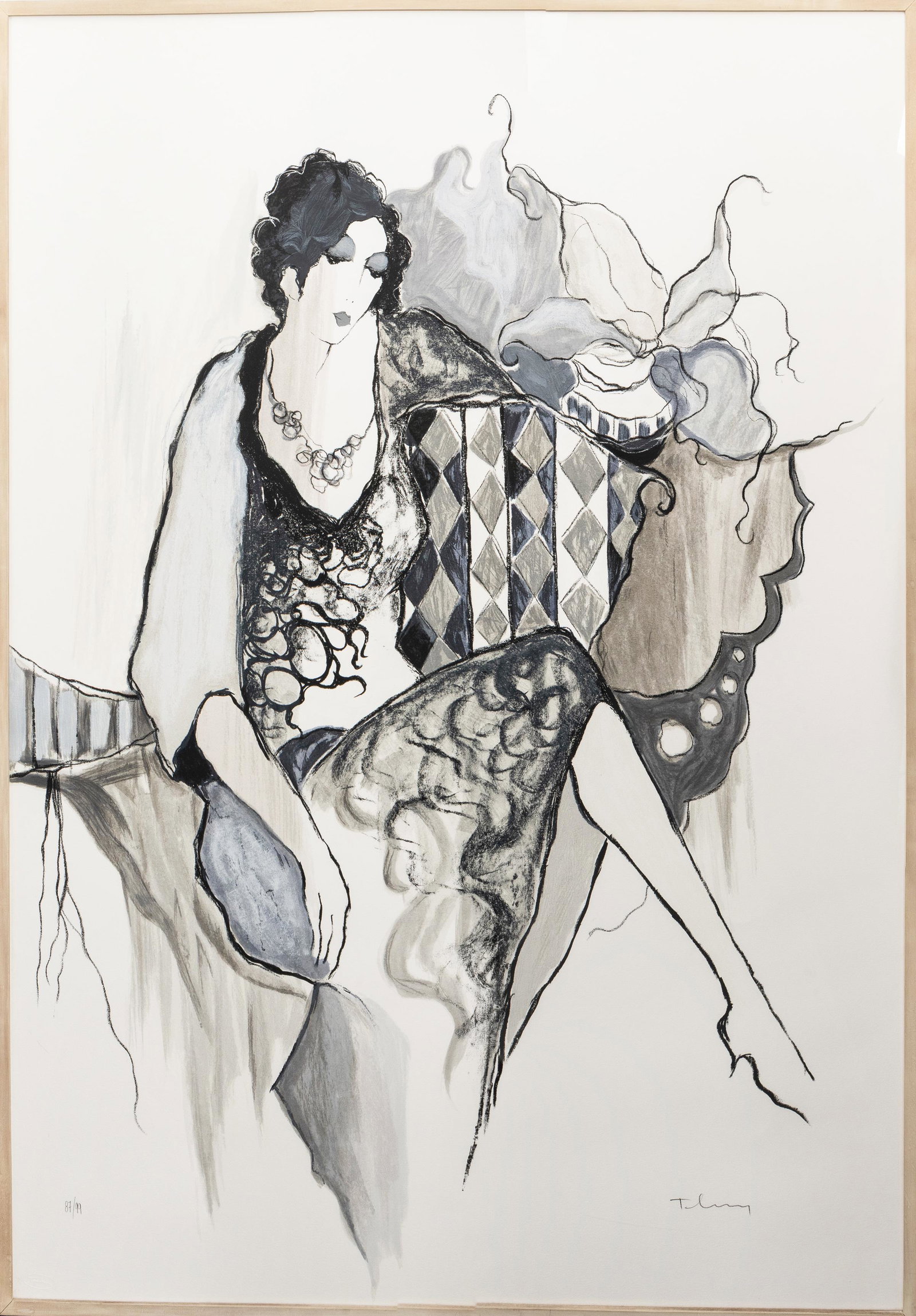 Itzchak Tarkay "Lady at Lunch" Lithograph: Itzchak Tarkay (Israeli, 1935-2012) "Lady at Lunch," lithograph, signed lower right: "Tarkay," edition number 87 / 91. Image: 63.5" H x 47.5" W; frame: 65" H x 49" W x 2" D.