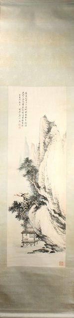 Chinese Steep Mountain Landscape Scroll Painting: Scroll painting of a landscape depicting a steep mountain and a summer house underneath it, ink and colors on paper, China; with inscriptions and seal marks. Provenance: New York Private Collection. D