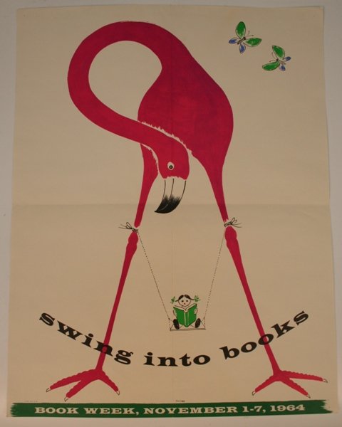 Children's Book Week Poster by Bruno Munari 1964: Children's Book Week poster promoting literacy and encouraging kids to Swing into books in a lithograph illustration depicting a small girl reading on a swing suspended by the legs of an oversize