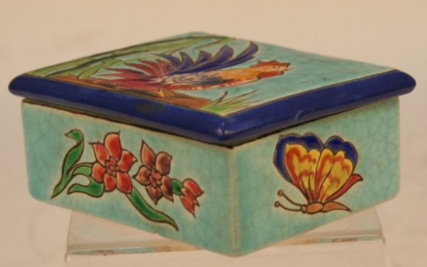 Longwy French Deco Hand-Painted Rooster Box: Lidded, hand-painted art deco rooster box decorated with enamel in the style of cloisonne on a craquelure background by Longwy pottery, earthenware, France; marked as hand painted and signed A. M. on 