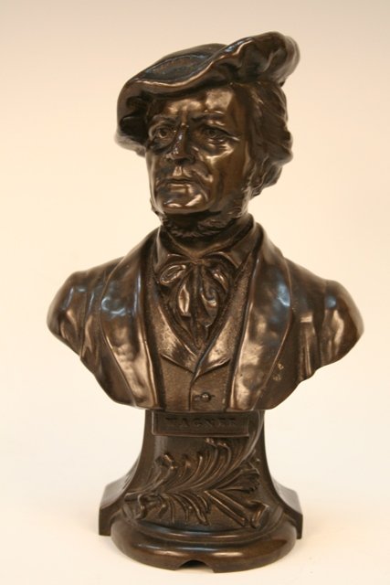 Wagner German Composer Sculpture Bronze Bust: Sculpture bust of nineteenth-century German composer Wilhelm Richard Wagner (1813-1883), cast bronze; missing base. Dimensions: 7-1/4"H x 4-1/2"W x 2-3/8"D