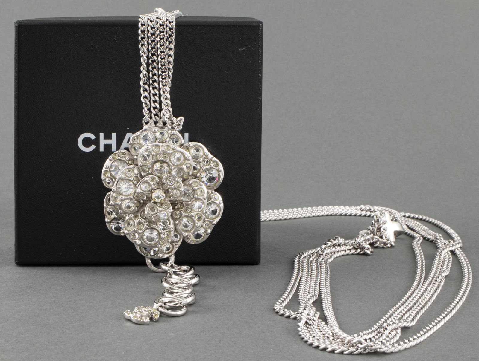 Chanel Silver-Tone Chain Belt w Crystal Camellia (1 of 4)