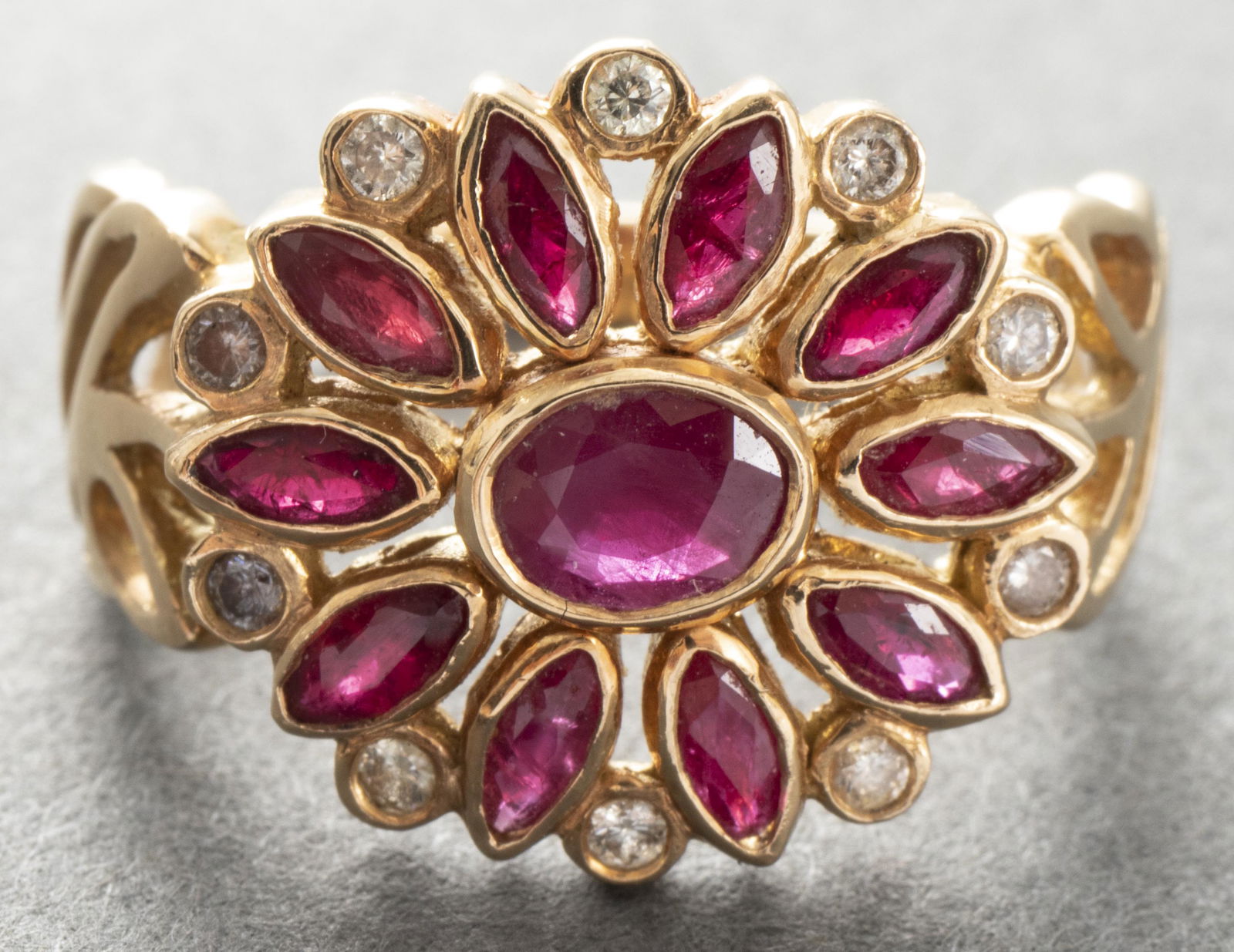 18K Yellow Gold Ruby & Diamond Floriform Ring (1 of 6)