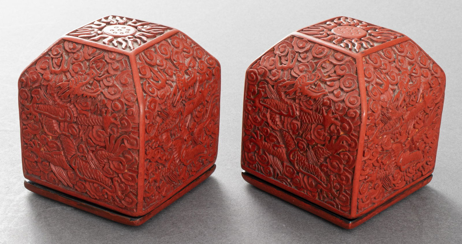Chinese Cinnabar Lacquer Boxes w Dragons, Pair (1 of 6)