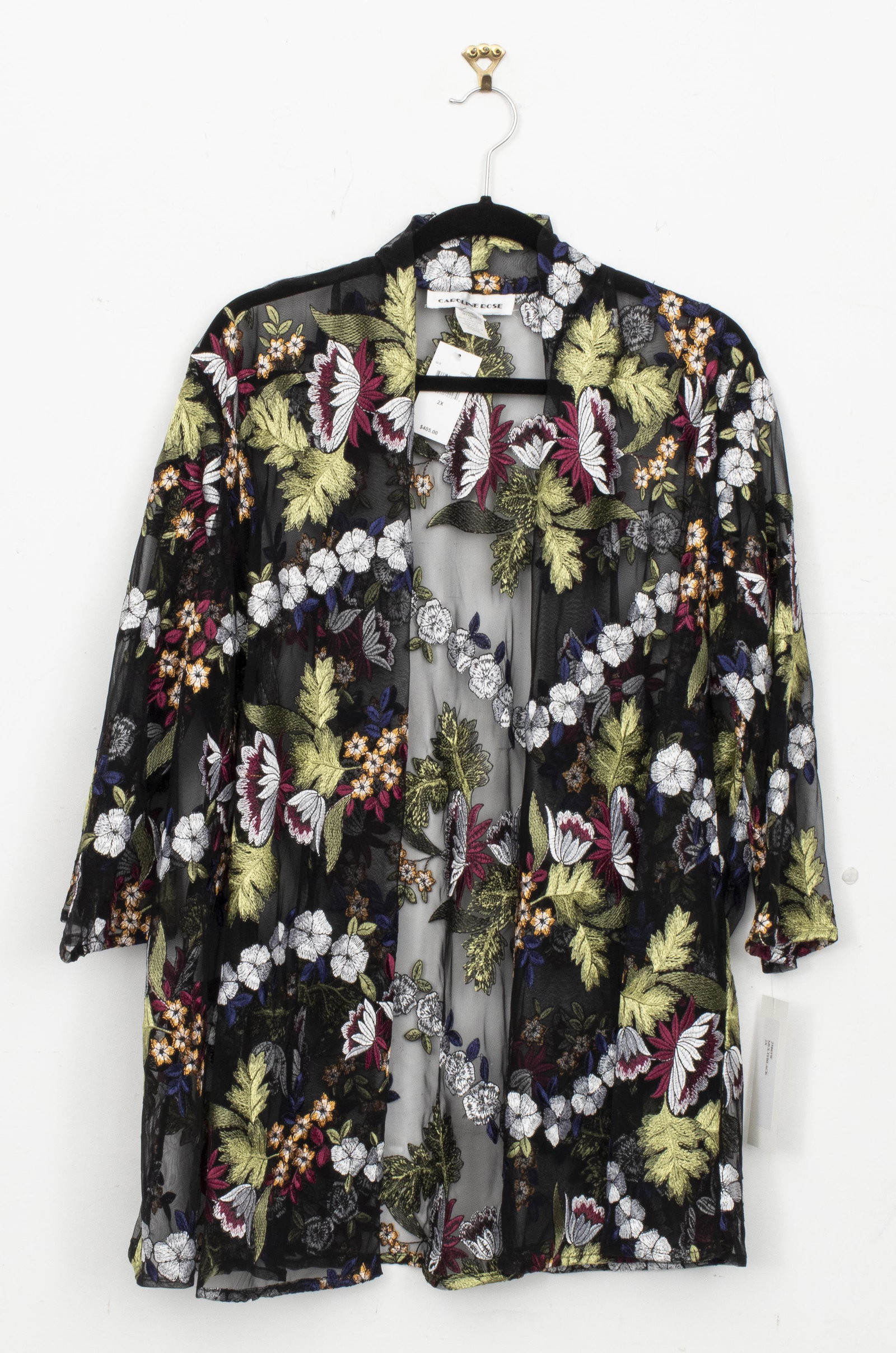 Caroline Rose Embroidered Sheer Blouse: Caroline Rose floral embroidered sheer black blouse, marked size 2X. Collar to hem 33", across shoulders 18", across chest 19", shoulder to cuff 18".