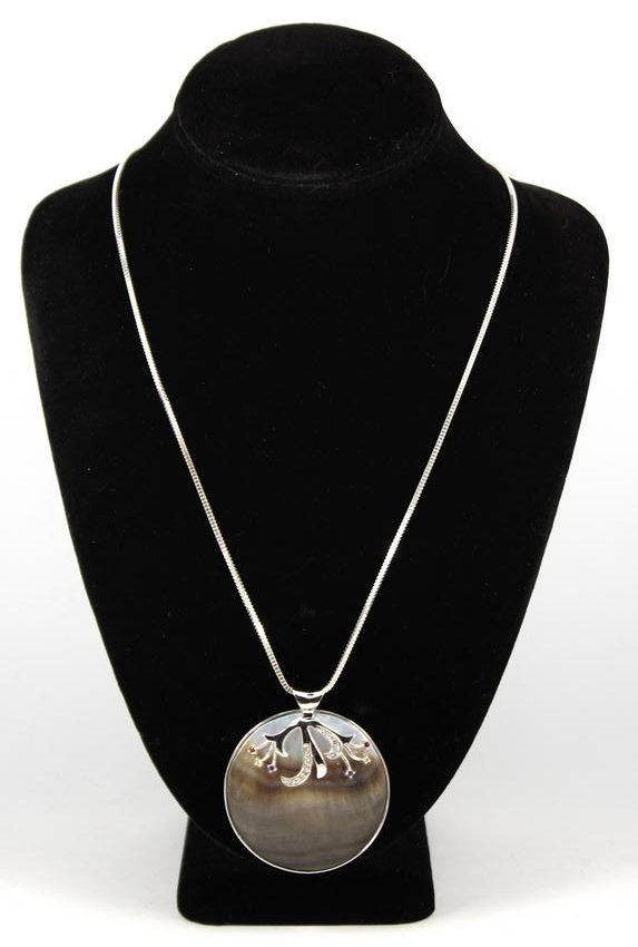 Italian Silver Circle Shell Colored Stone Necklace (1 of 5)