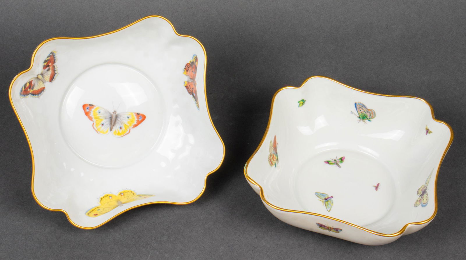 Limoges Bernardaud Painted Porcelain Bowls, 2: Limoges painted porcelain bowls, the square bowls with gilt decorated scalloped rims decorated throughout with butterfly motifs, both bases marked "Limoges France" and one further marked "B & Co / L B