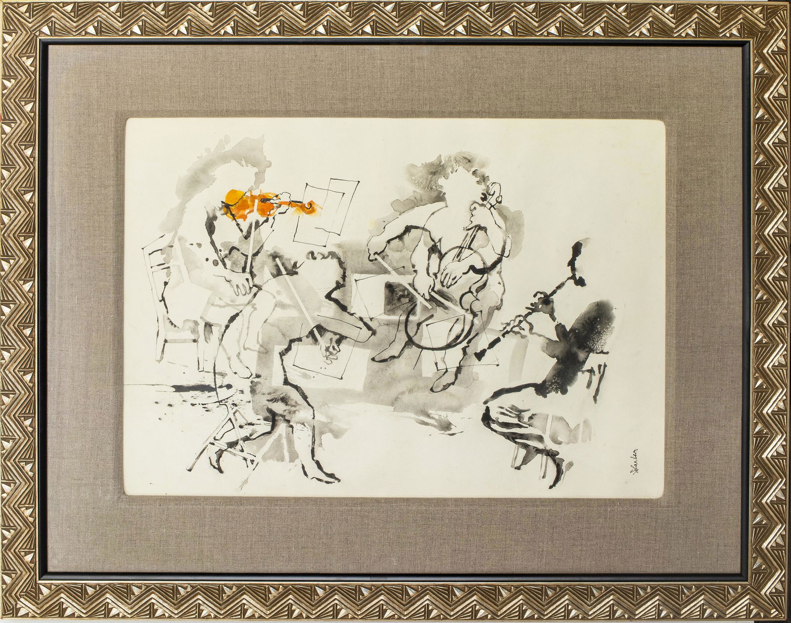 Georges Schreiber "Jazz" Watercolor on Paper: Georges Schreiber (Belgian-American, 1904-1977) "Jazz," watercolor on paper, depicting quartet of musicians, signed lower right. Image: 20" H x 27.5" W; frame: 32" H x 40" W x 0.5" D.