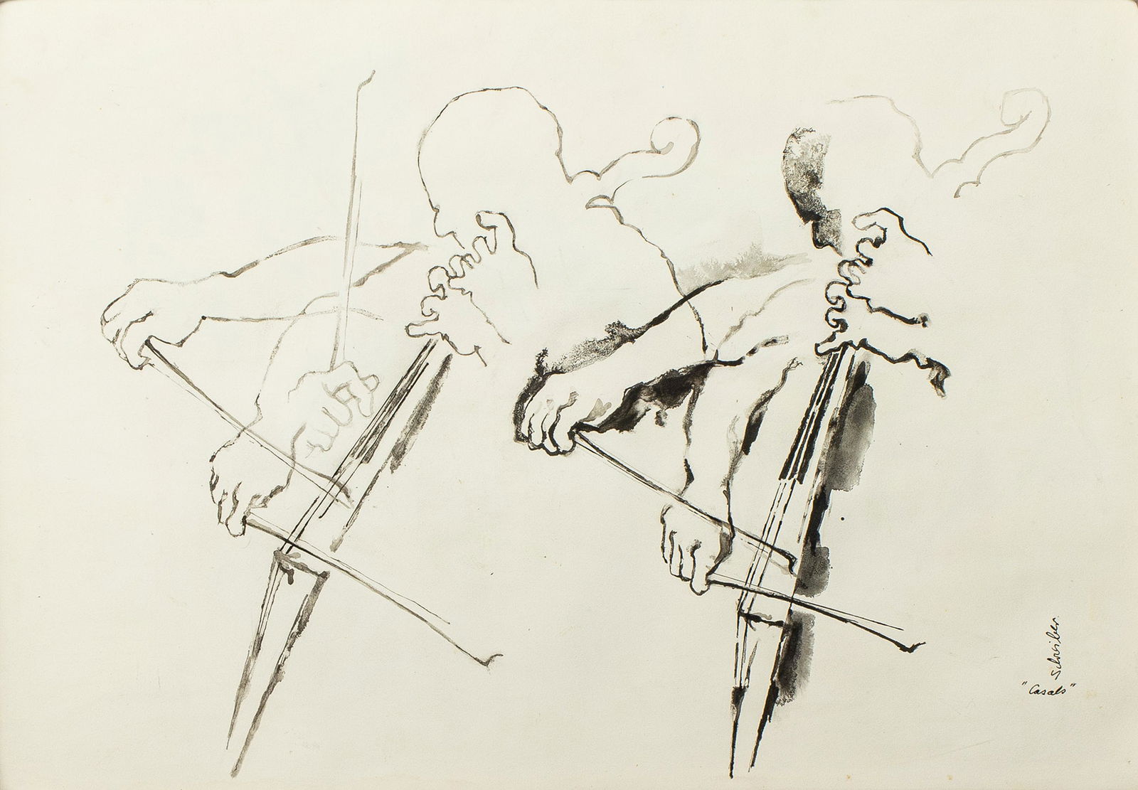 Georges Schreiber "Cellist Study" Watercolor: Georges Schreiber (Belgian-American, 1904-1977) "Cellist Study," watercolor on paper, signed lower right. Image: 19.5" H x 27.5" W; frame: 32.25" H x 40.25"W x 0.5" D.