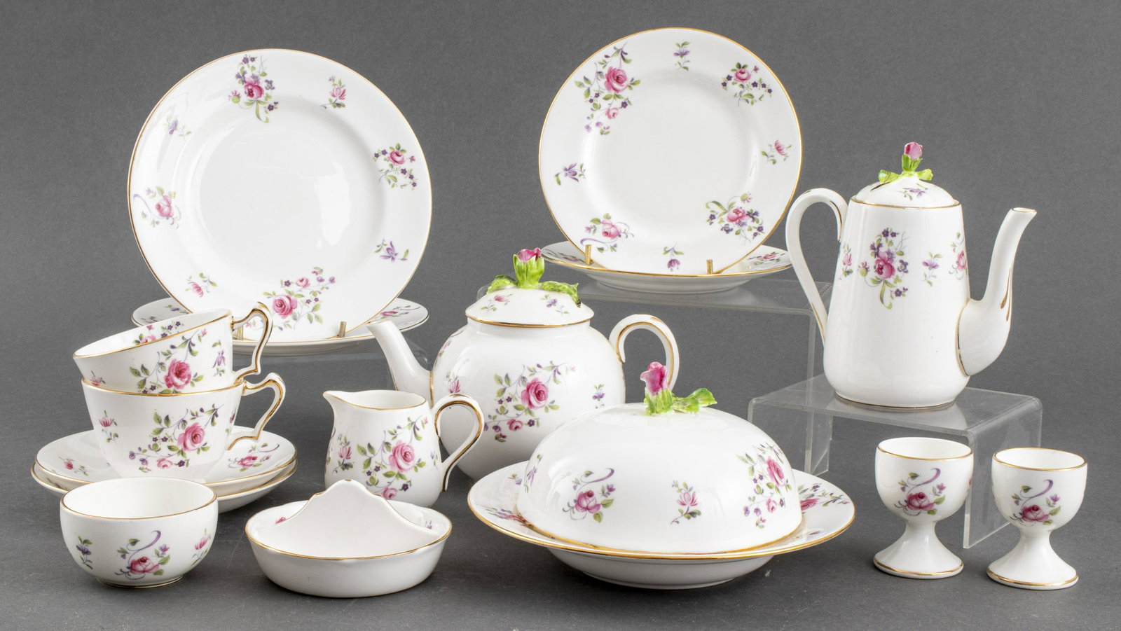 Crown Staffordshire Partial Service, 16 Pcs.: Crown Staffordshire partial fine bone china tea service, maker's marks to underside. Largest pot: 5.5" H x 7.5" W over handle and spout. Scattered losses to gilt and floral decoration, other hairline 