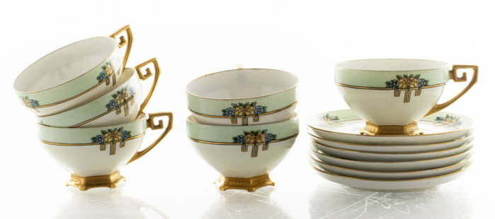 Moritz Zdekauer Austria Partial Porcelain Service: Moritz Zdekauer Austria partial porcelain service comprising 6 saucers and 6 cups, saucers marked to undersides "MZ Altrohlau" and signed "G.C. Loomis." Saucer: 5.5" diameter. Scattered losses to pain