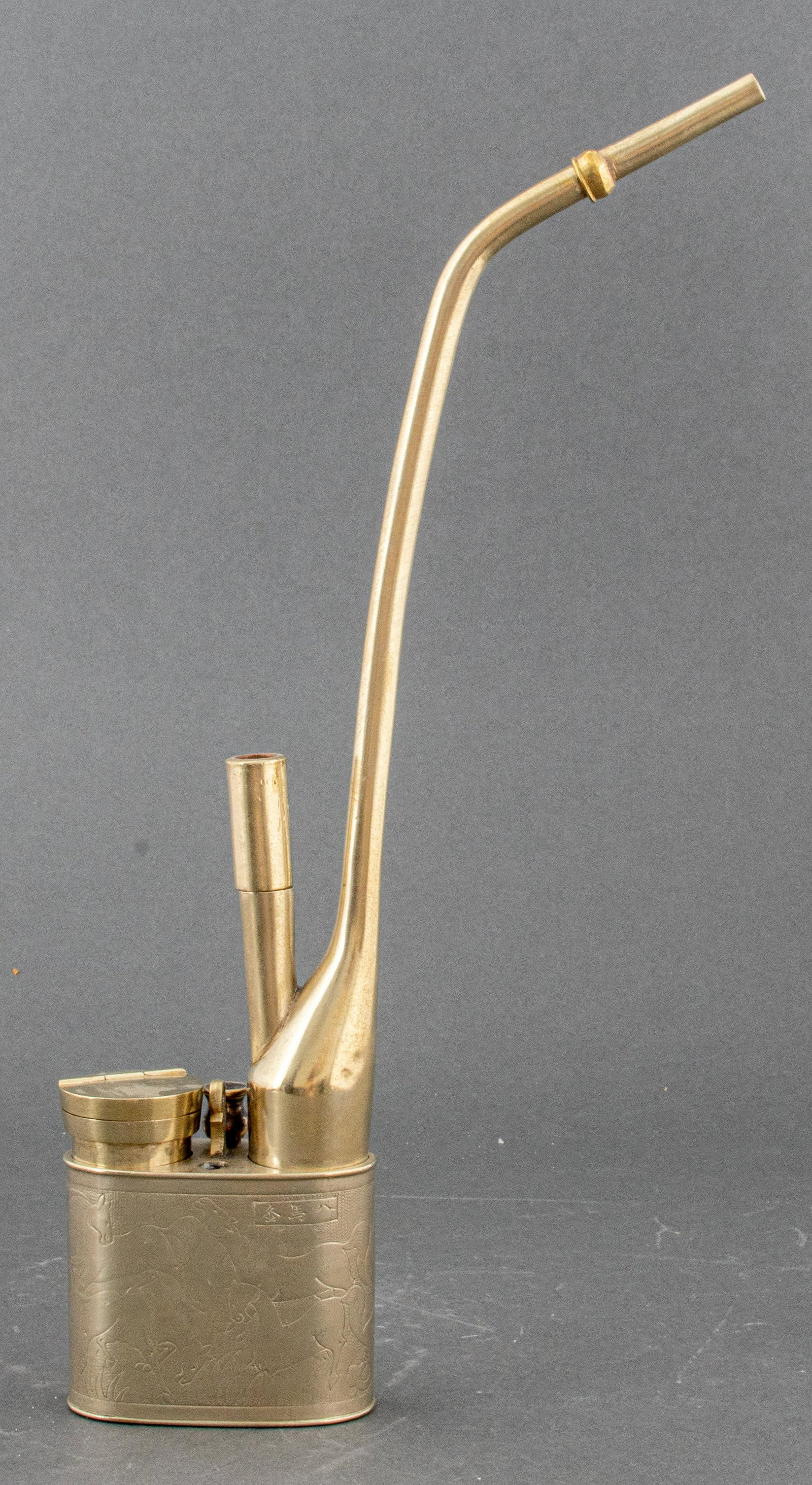 Chinese Paktong Engraved Water Pipe: Chinese Paktong water / opium pipe with engraved decoration, early 20th century. 12.5" H x 3" W x 1.5" D.