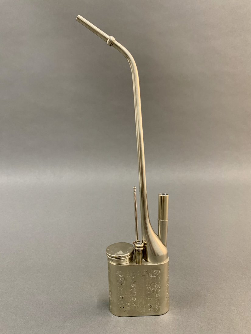 Chinese Paktong Engraved Water Pipe: Chinese Paktong water / opium pipe with engraved decoration, early 20th century. 14.75" H x 3" W x 1.5" D.