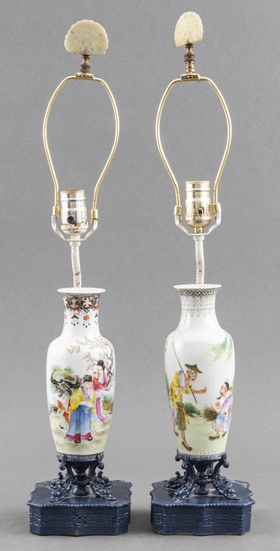 Chinese Porcelain Vase Lamps W Jade Finials, Pr (1 of 4)