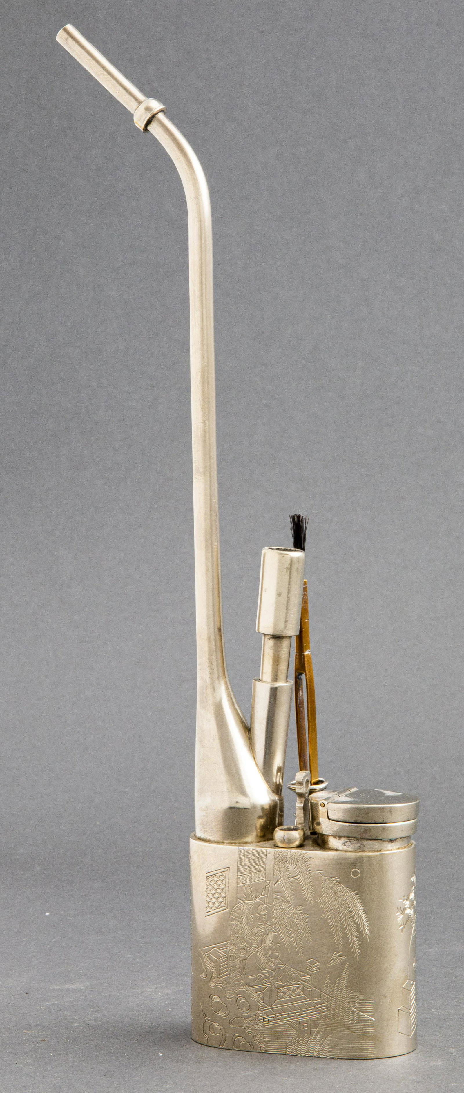 Chinese Paktong Engraved Water Pipe: Chinese Paktong water / opium pipe with engraved decoration and Chinese characters, early 20th century, signed underside hinged lid with Chinese characters. 13.5" H x 3" W x 1.5" D.