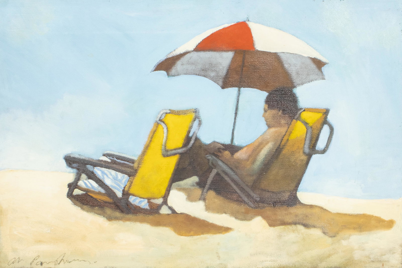 Michael Paraskevas "Beach Read" Oil on Canvas: Michael Paraskevas (American, b. 1961) "Beach Read," oil on canvas, depicting man in yellow lounge chair under umbrella, signed lower left, unframed. 12" H x 18" W.
