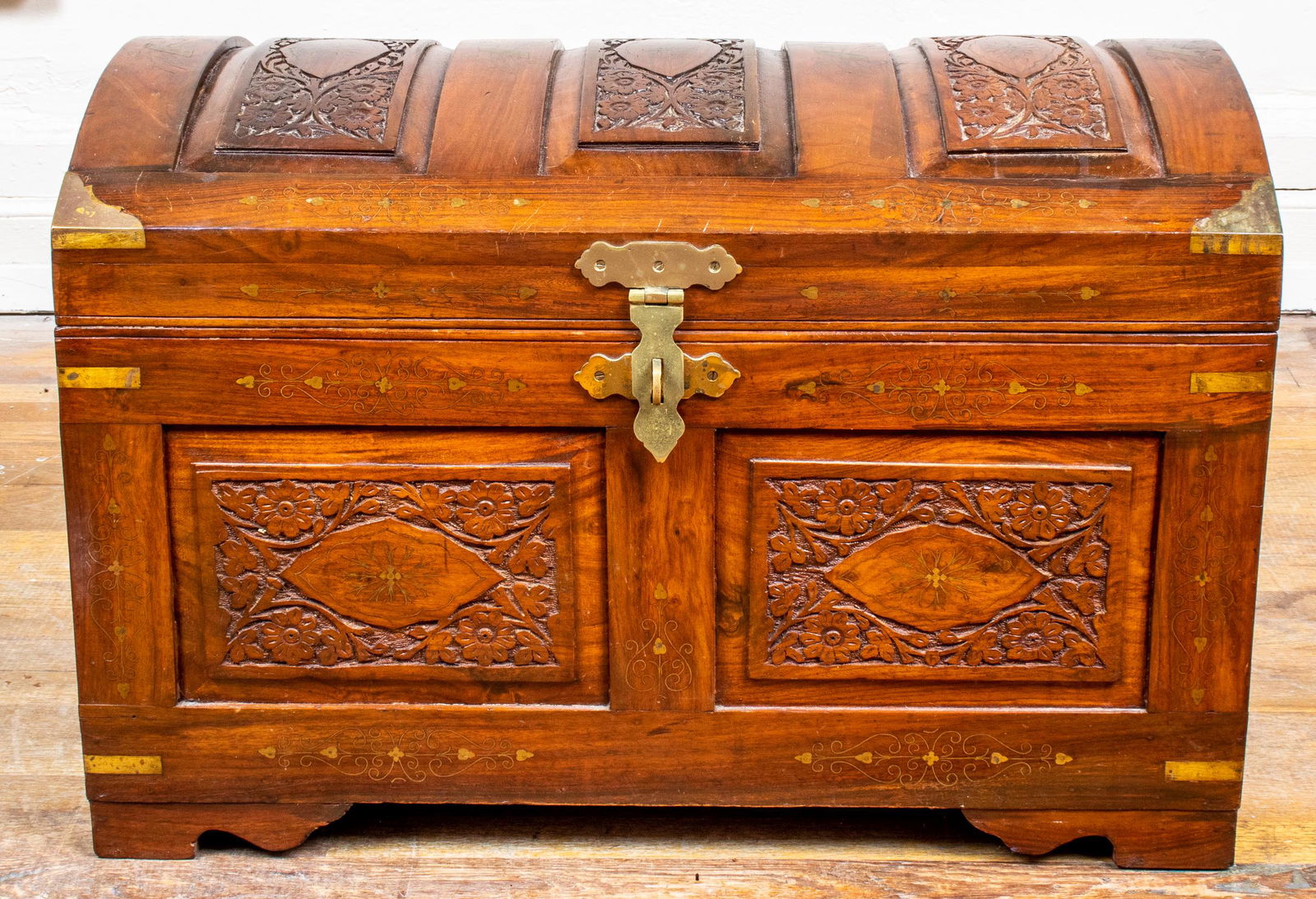 Anglo Indian Carved Brass Inlaid Hardwood Chest (1 of 12)