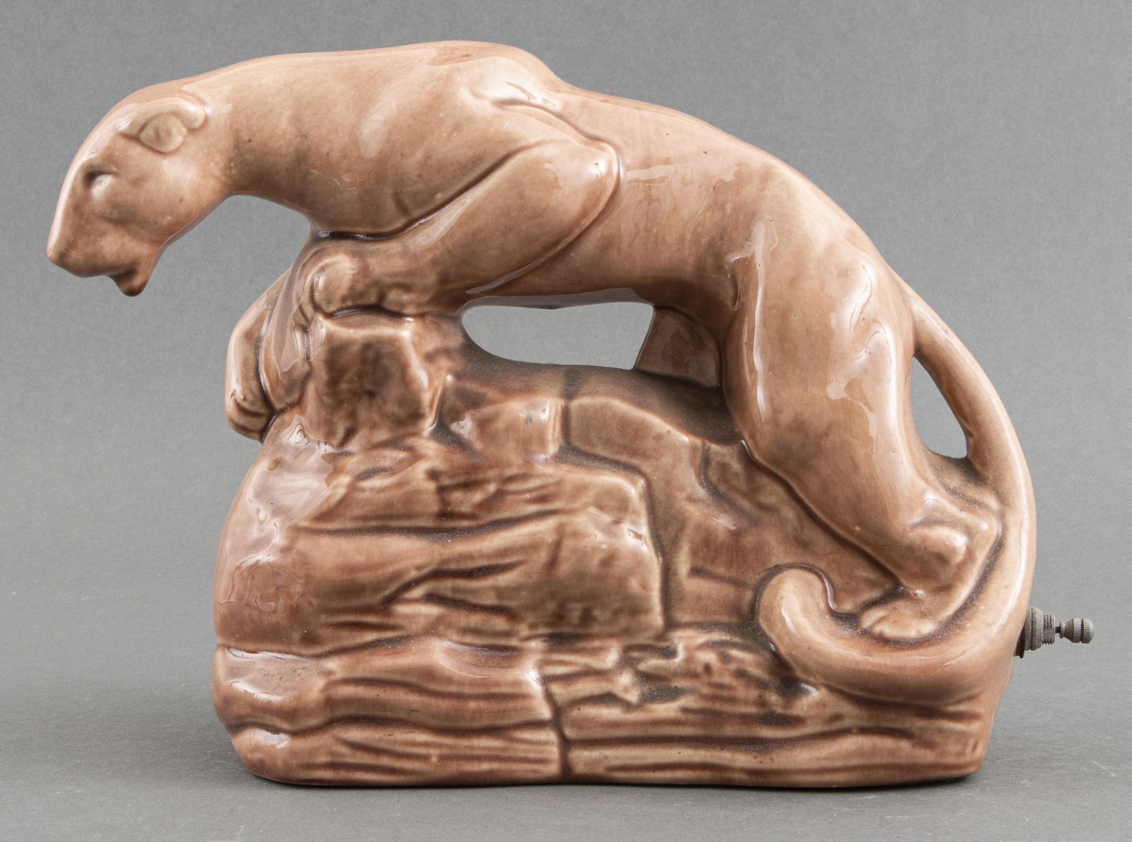 Vintage Ceramic Panther Television Lamp: Vintage ceramic television lamp in the form of a panther on a rock. 9.5" H x 11" W x 5" D.