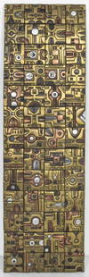 Giovanni Schoeman Geometric Metal Plaque: Giovanni Schoeman (South African, 1940-1980) mixed metal wall plaque with geometric motifs. 7.75" H x 24.75" L x 0.5" D.