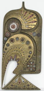 Giovanni Schoeman Abstract Bas-Relief Plaque: Giovanni Schoeman (South African, 1940-1980) "Abstract," modern bas-relief metal plaque / panel sculpture, geometric motifs on shaped panel form, signed "Giovanni" and "Schoeman 1974." 35" H x 16" W