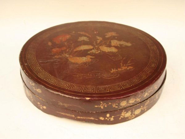 Chinese Canton Enamel Sweet Tray 19th C.: Massive and complete sweets tray set, containing eight small trays and one round center tray, is housed in a round lacquer box. The eight small trays represent part of the I Ching in the Book of Chang