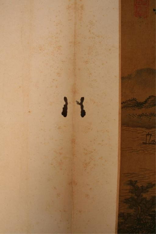 Qing Chinese Album Silk Painting Landscape 18th C.: Album painting showing figures in a landscape with a river, mountains, and house, hand-painted silk mounted on paper, China, Qing Dynasty (1644-1911), eighteenth century; marked and stamped. Dimension