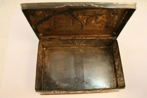 800 Silver Art-Nouveau Angels & Chariot Box: Rectangular box with a hinged lid featuring a central figural scene with an angel, putti, a woman and a horse-drawn chariot, and decorated with floral and foliate patterns with angels and harps on the