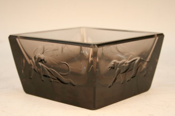 Orrefors Modernist Panther Colored-Glass Bowl: Sleek, modernist square bowl with thick, brown-colored walls featuring a recessed panther in different positions on all four exterior walls of the bowl by Orrefors, glass, Sweden; signature and markin