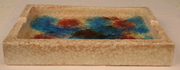 Bitossi for Raymor Italian Ceramic/Glass Tray: Weighty, rectangular tray with a mottled surface and featuring a mosaic-style interior with a painted bottom, craquelured glass laid on top and glazed over for a smooth finish, by Bitossi for Raymor,
