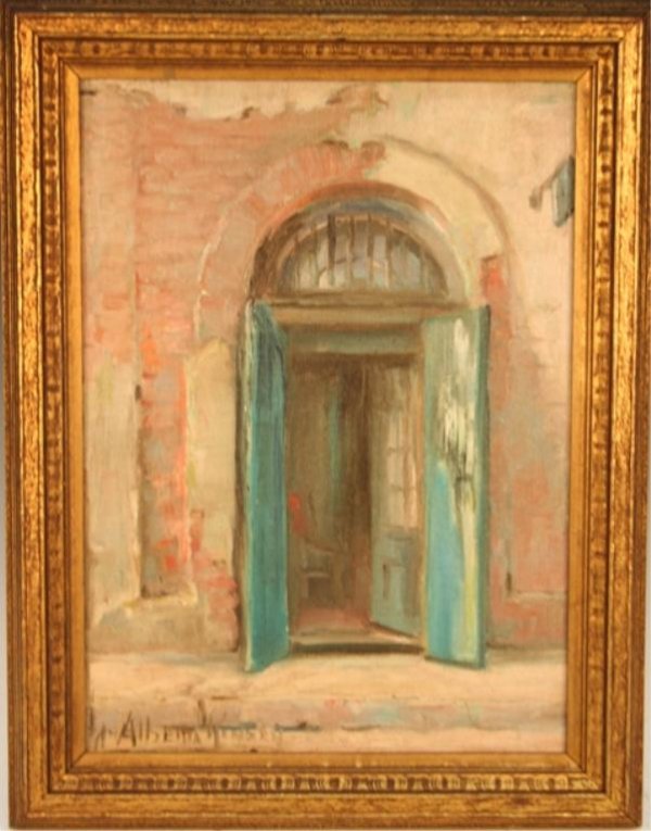 French Quarter Door Kinsey Oil 20th C.: Framed painting titled French Quarter Door by American artist Alberta Kinsey (1875-1952), oil on board, ca. early twentieth century; signed bottom left corner by artist.Dimensions: Image area 12-5/8&q