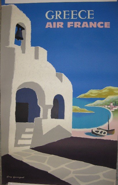 Air France Greece Travel Poster 1960s Guy Georget: Poster for Air France travel to Greece, lithograph, France, 1960s, signed by Guy Georget (1911-1992). Dimensions: Approximately 24"W x 39"H