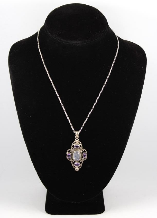 Silver, Moonstone & Amethyst Pendant Necklace (1 of 5)