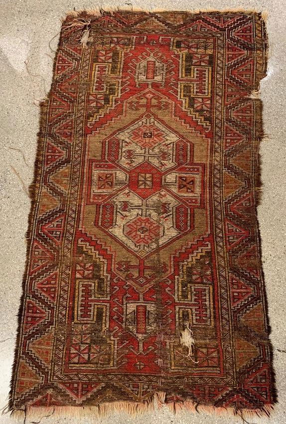 Antique Persian Geometric Kilim Rug, 5 x 3: Antique Persian geometric kilim rug. 5' 5" x 3'. Two large holes, scattered losses to edges.
