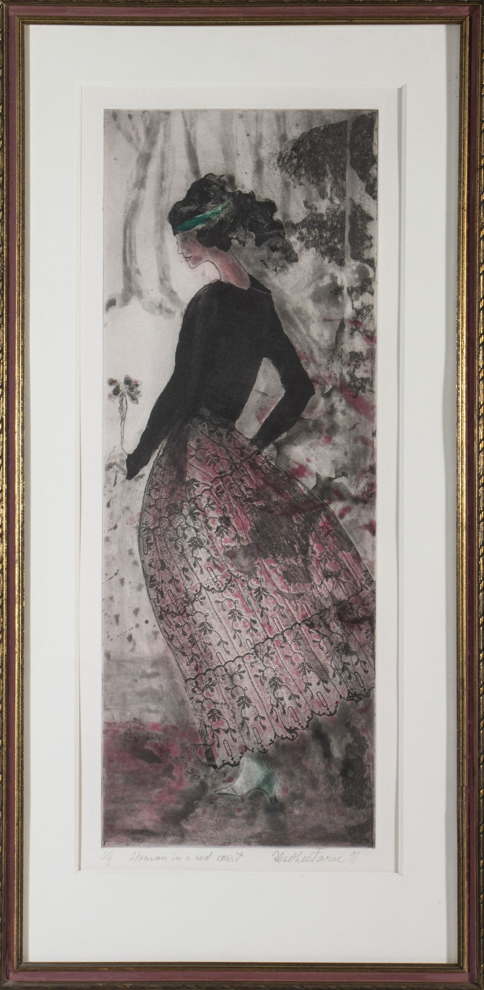 Illegibly Signed "Woman in a Red Skirt" Etching (1 of 5)