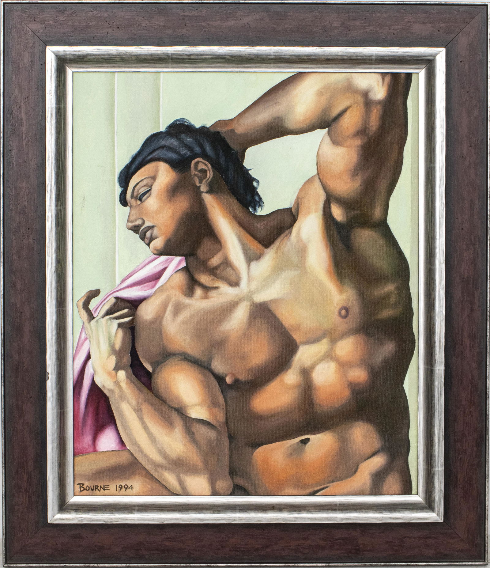 Signed Bourne "Portrait of a Man" Oil on Canvas: Signed Bourne "Portrait of a Man" oil on canvas, 1994, the nude sitter depicted in the style of Tamara de Lempicka, signed and dated lower left: "Bourne 1994." Image: 21.5" H x 17.5" W; frame: 29" H x