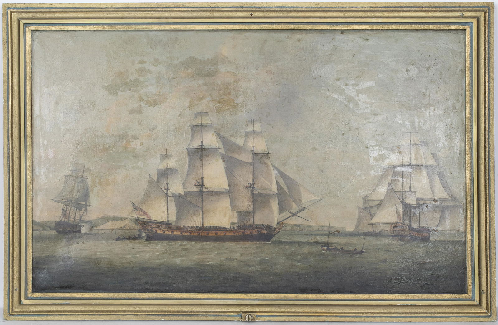 British School Maritime Oil on Canvas, 19th C.: Circle of Thomas Luny (British, 1759-1837) or William John Huggins (British, 1781-1845), portrait of an East Indiaman off Dover, maritime oil on canvas featuring full-rig sailing vessels, including tw