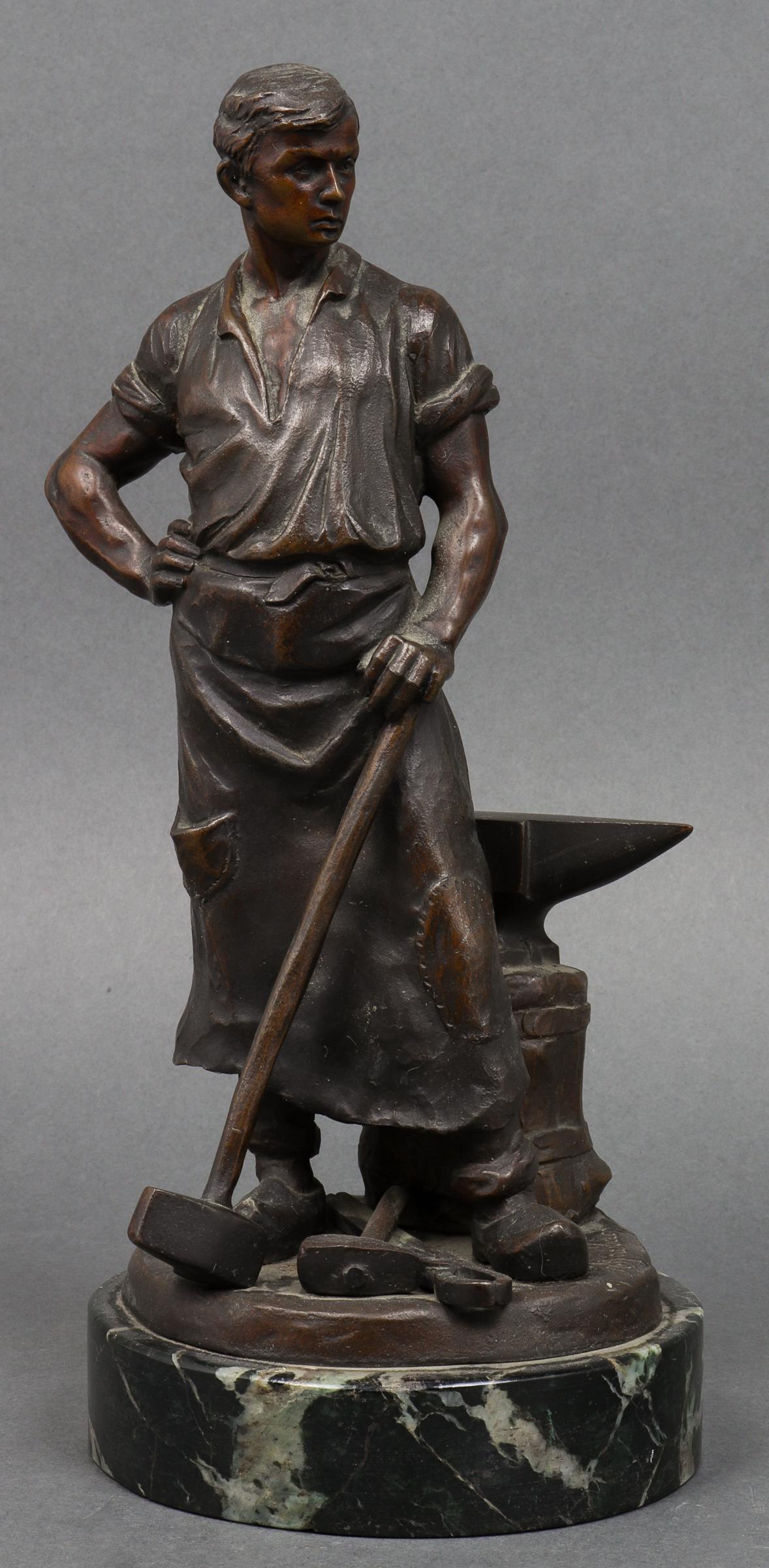 R. Kaesbach Signed Bronze Blacksmith Sculpture: Rudolf Kaesbach (German, 1873-1955) bronze sculpture of a blacksmith, signed to base "R. Kaesbach", mounted to stone base. 10" H x 4.5" diameter.