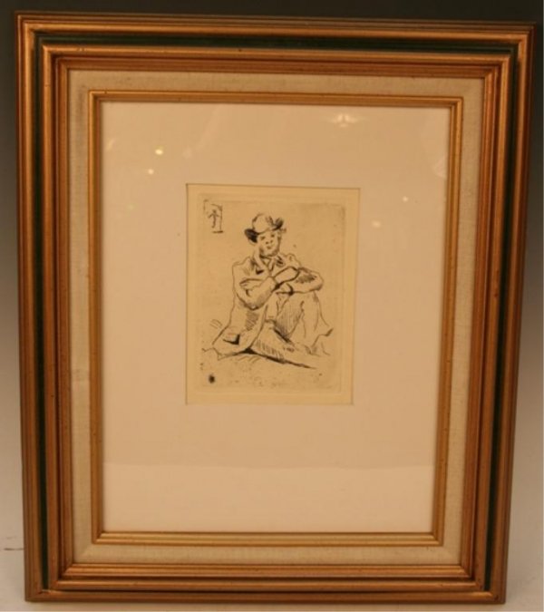Guillaumin Au Pendu Etching by Paul Cezanne: Matted and framed black-and-white self-portrait etching entitled Guillamin Au Pendu, recorded Venturi 1159, by Impressionist Paul Cezanne (French, 1839-1906), ink on paper, 1873; unmarked. Dimensions:
