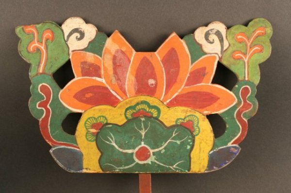 Korean Buddhist Decoration of Polychromed Wood: Antique Korean Buddhist decoration of polychromed wood. The lotus flower and clouds are represented here with the touch of devotion. Dimensions: 14-1/2"H x 13"W