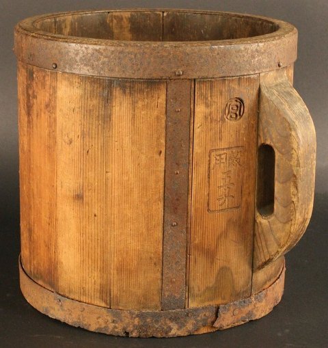 Mal, Antique Korean Grain Measuring Cup: Mal, antique Korean grain measuring cup. It bears the government stamp that can be found on Choson Dynasty mals. This stamp was required on measuring cups as proof that it complied with the government