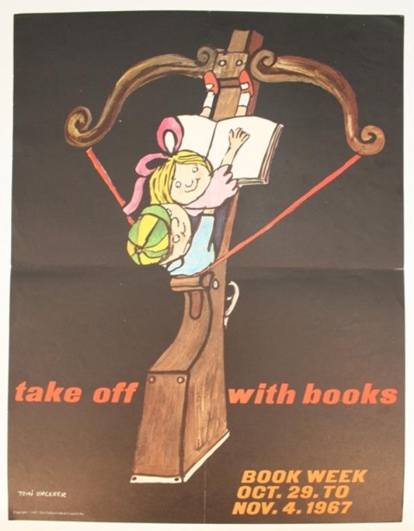 Children's Book Week Poster by Tomi Ungerer 1967: Children's Book Week poster encouraging kids to take off with books in a playful lithograph illustration of two children sitting in an oversized crossbow on a black background, by children's book arti