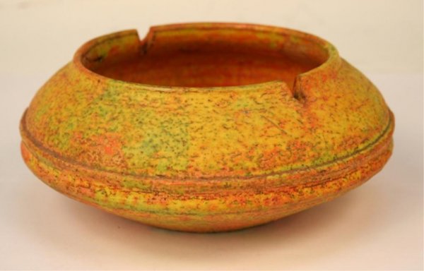Fantoni for Raymor Italian Ceramic Bowl: Circular, polychrome bowl with two rifts cut opposite one another at the neck by Marcelo Fantoni for Raymor, ceramic, Italy; signed and marked on bottom. Dimensions: Approximately 3-1/4"H x 7-1/2" dia