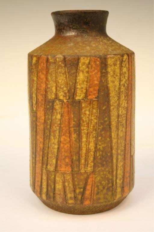 Bitossi for Raymor Italian Art Pottery Vase: Cylindrical, textured, mid-century art pottery vase with incised vertical lines and yellow, orange and brown painted panels, and a smooth, glazed interior, by Bitossi for Raymor, ceramic, Italy, 1960s