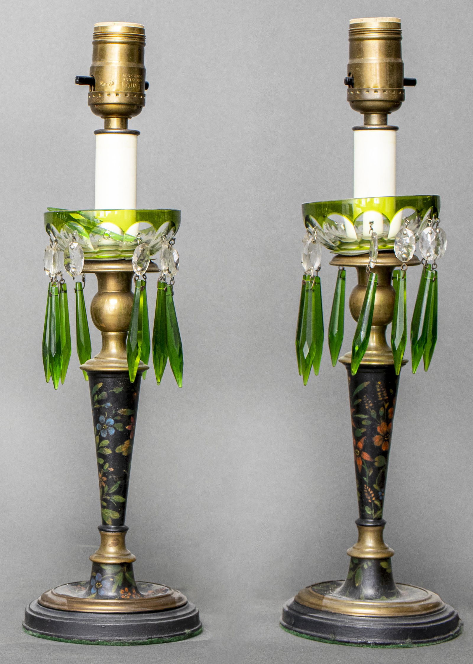 English Painted Green Glass Luster Lamps, Pr (1 of 4)